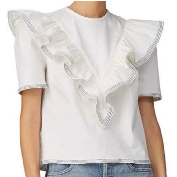 Saylor Harriette Denim Ruffle Top Shirt Short Sleeves Womens Medium White - Picture 1 of 8